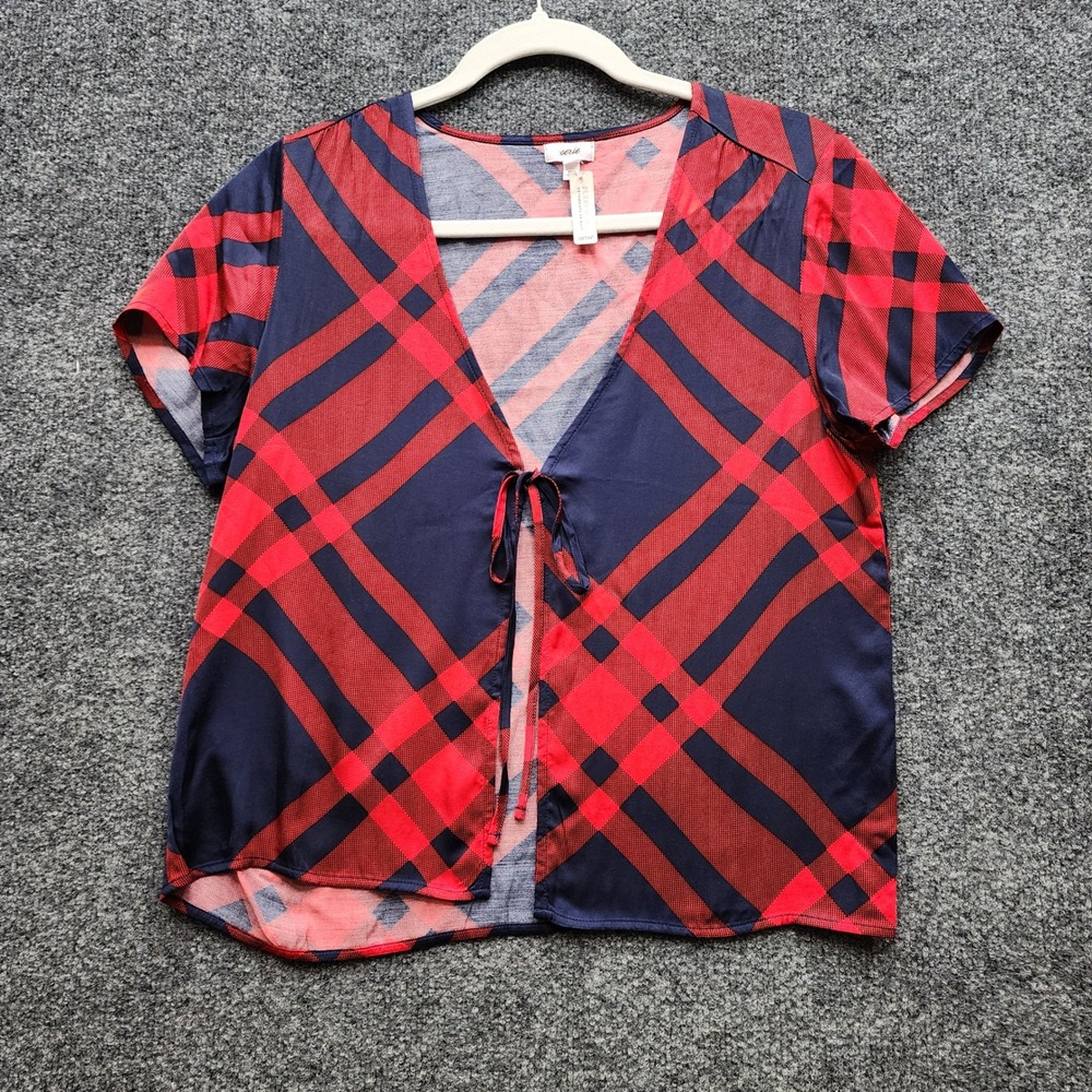NWT Aerie Plaid Tie Front Short Sleeve Sleepwear Lounge Top Women's Small - Picture 1 of 8